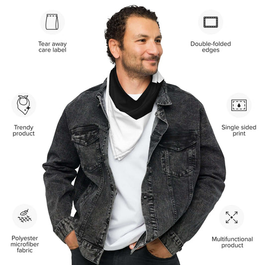 Man wearing Bandana N°1 as a neck scarf, showcasing polyester microfiber fabric and trendy design. Ideal for versatile styling.
