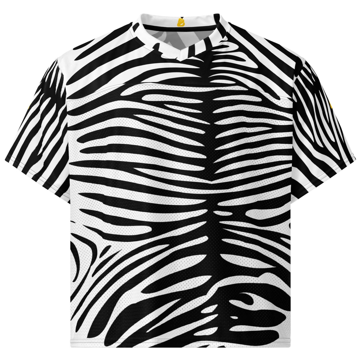 Weit geschnittenes Football-Trikot in Zebra-Muster mit atmungsaktivem Mesh-Unterteil und seidigem Obermaterial für Sport und Streetstyle.