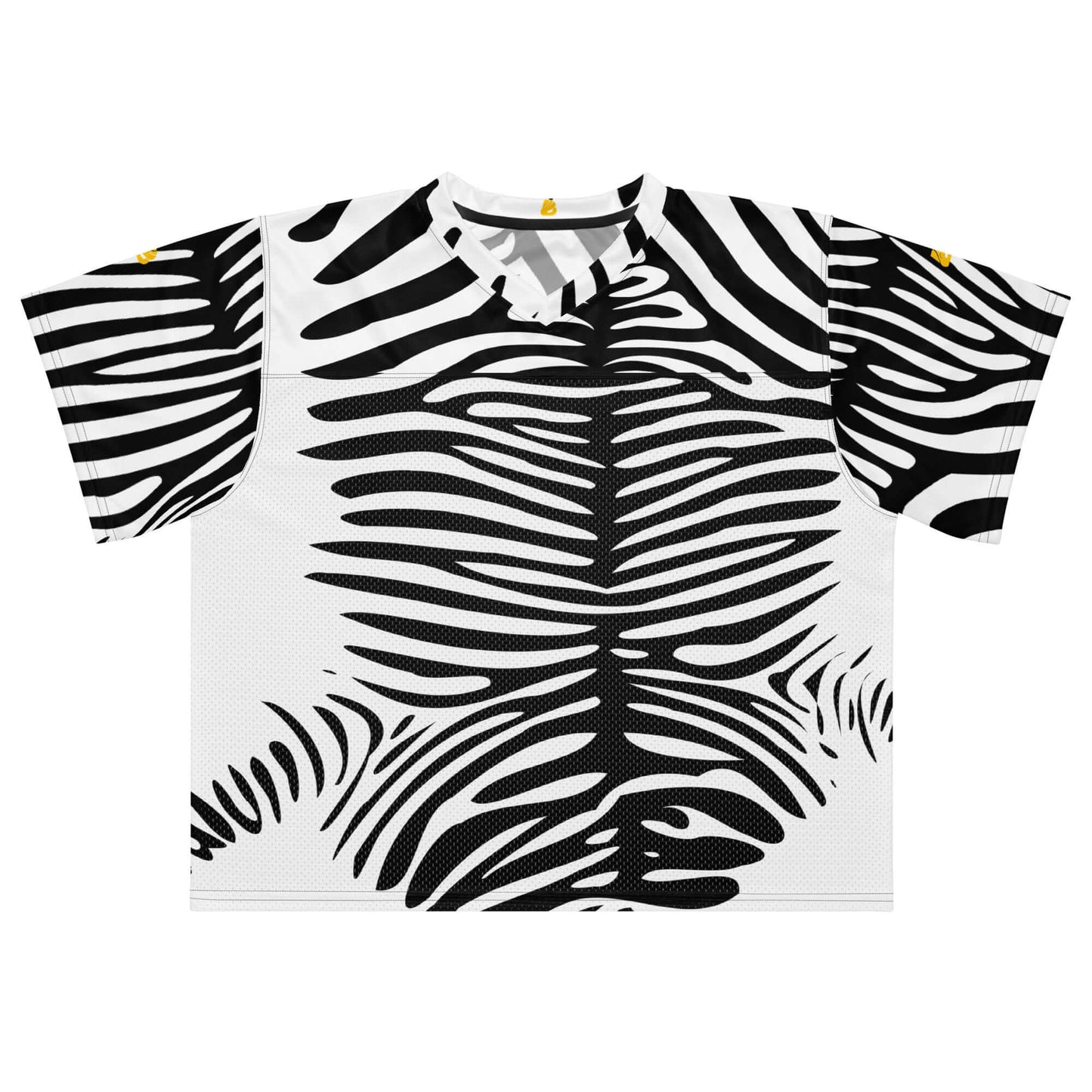 Weit geschnittenes Football-Trikot mit atmungsaktivem Mesh-Unterteil und zebraähnlichem Muster, ideal für Sportaktivitäten.