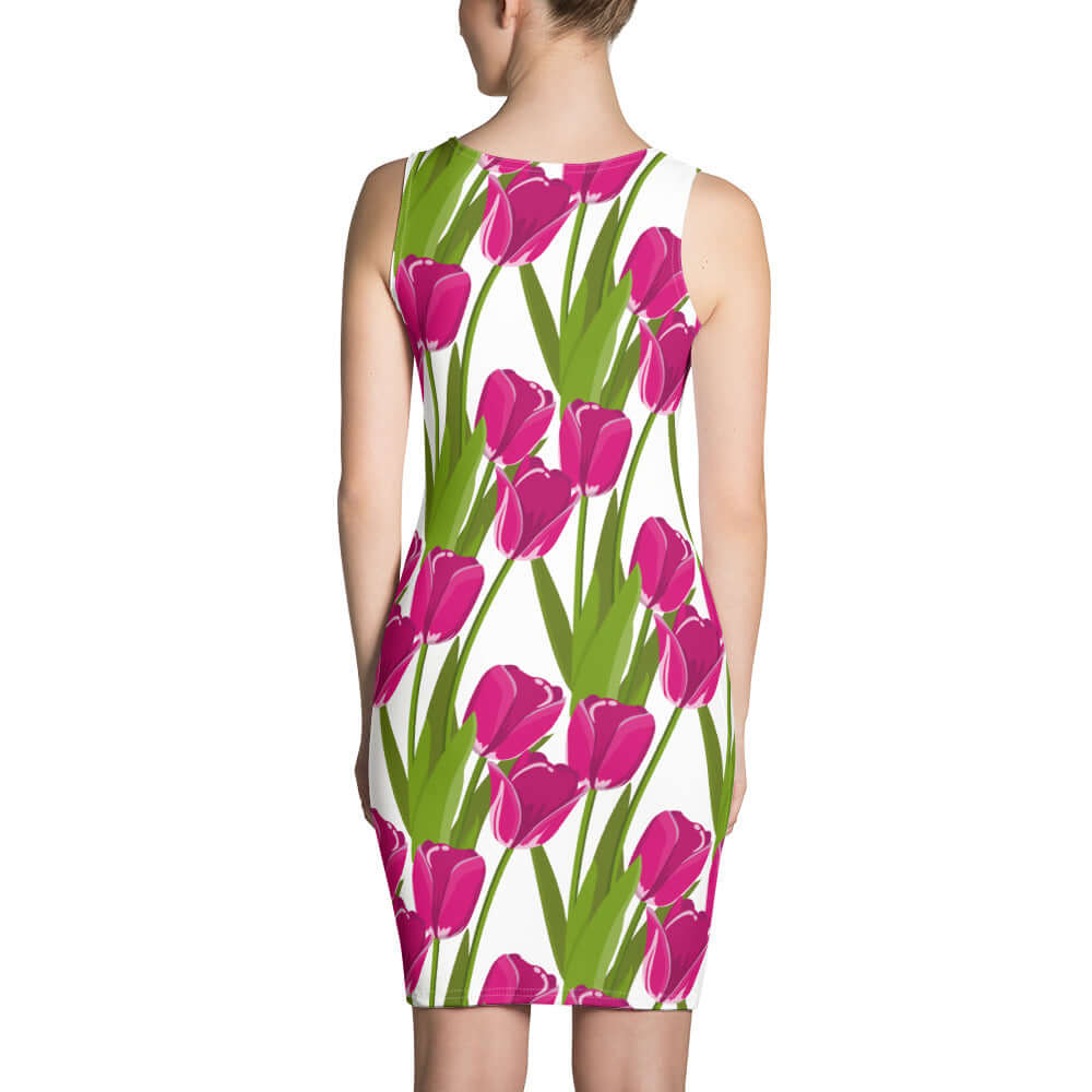 Woman wearing Sublimation-Cut-&-Sew-Kleid N°6 with pink tulip print, showing back view, floral design, four-way stretch fabric