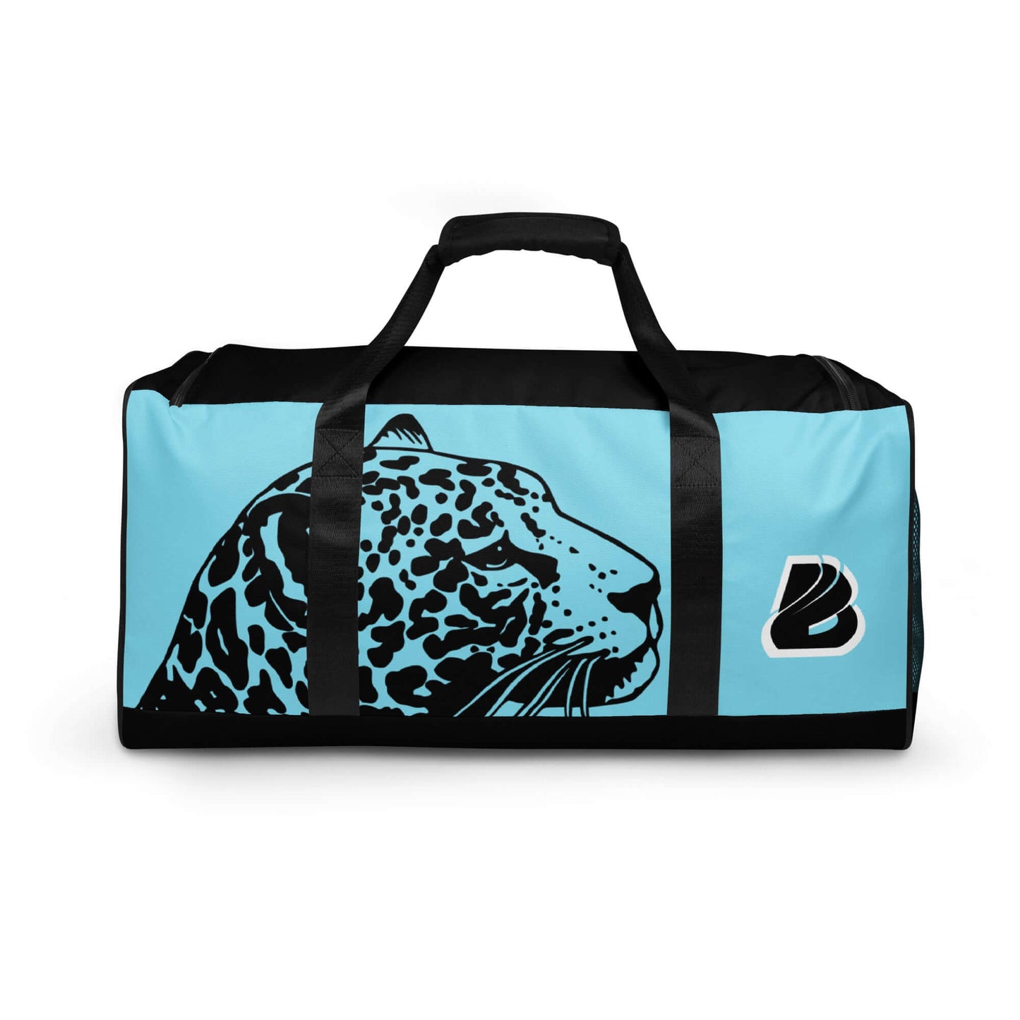 Light blue and black duffel bag with a leopard design, suitable for travel and daily use, featuring Weekender N°27.