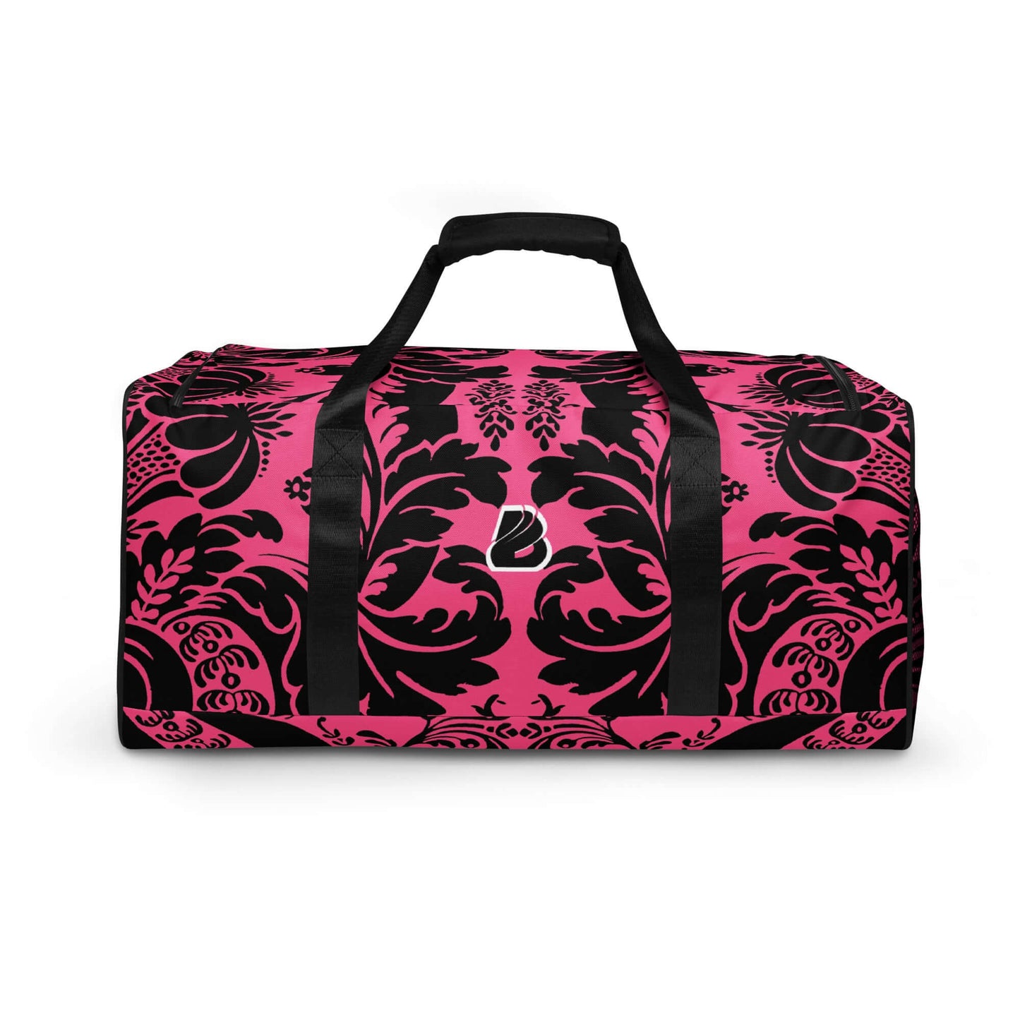 Weekender N°29 pink and black travel bag with floral pattern, ideal for trips and gym with adjustable shoulder straps.