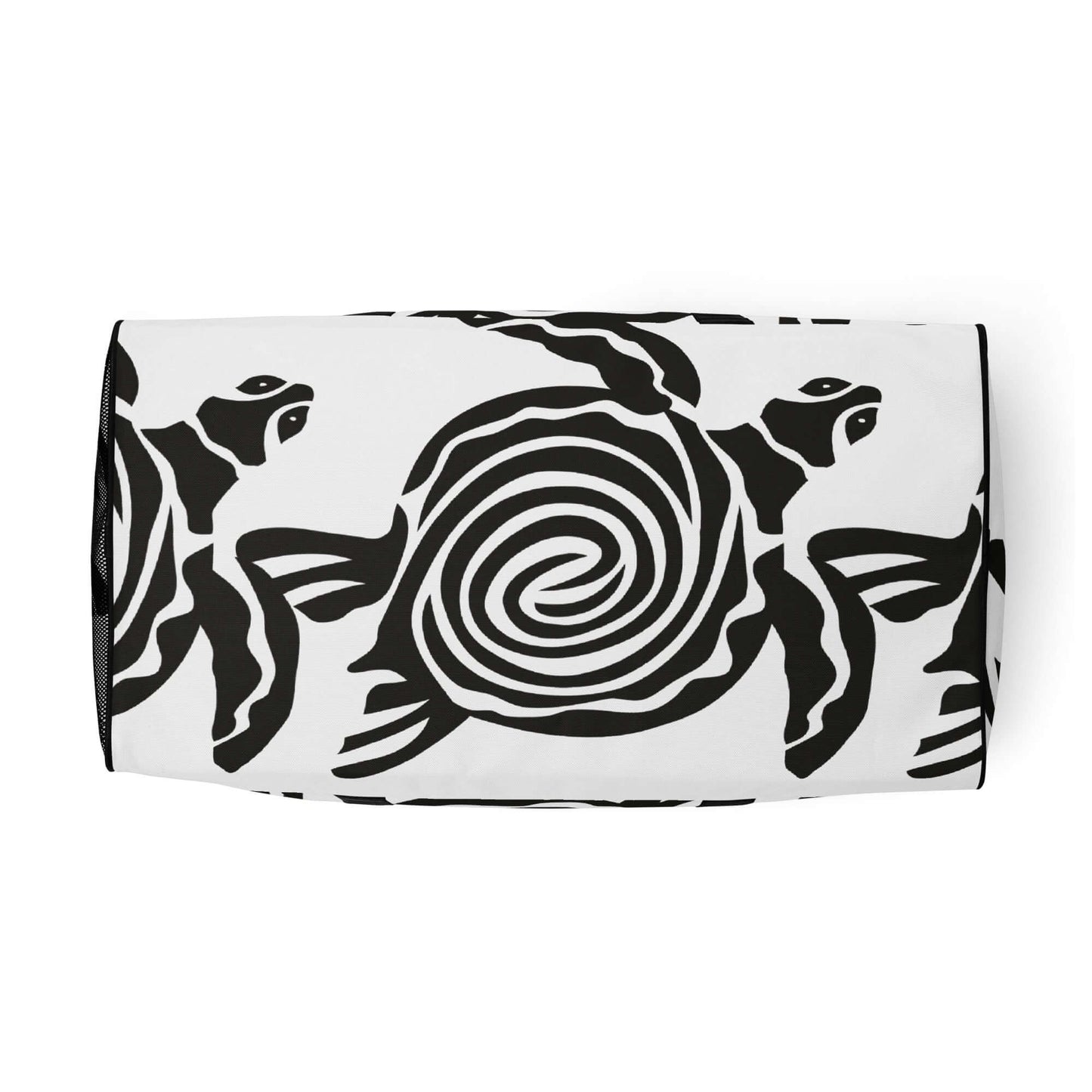 Top view of Weekender N°28 with black and white turtle pattern design, ideal for travel or gym, featuring roomy interior and adjustable straps.