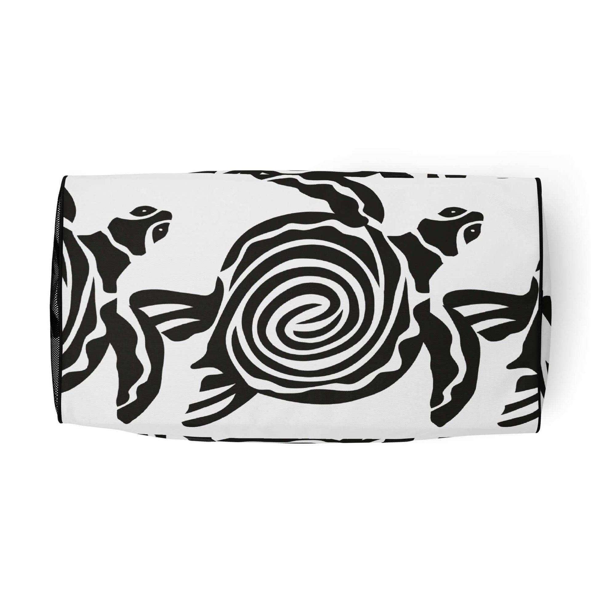 Top view of Weekender N°28 with black and white turtle pattern design, ideal for travel or gym, featuring roomy interior and adjustable straps.
