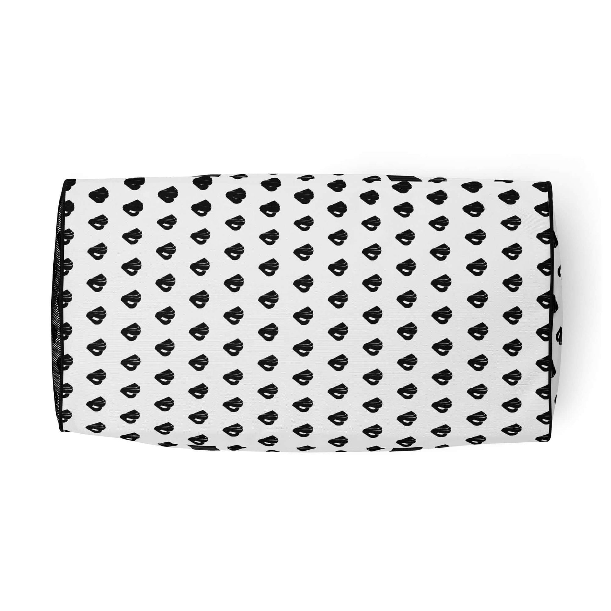 Top view of stylish Weekender N°30 with black pattern on white background, ideal for travel and daily use, featuring multiple pockets.