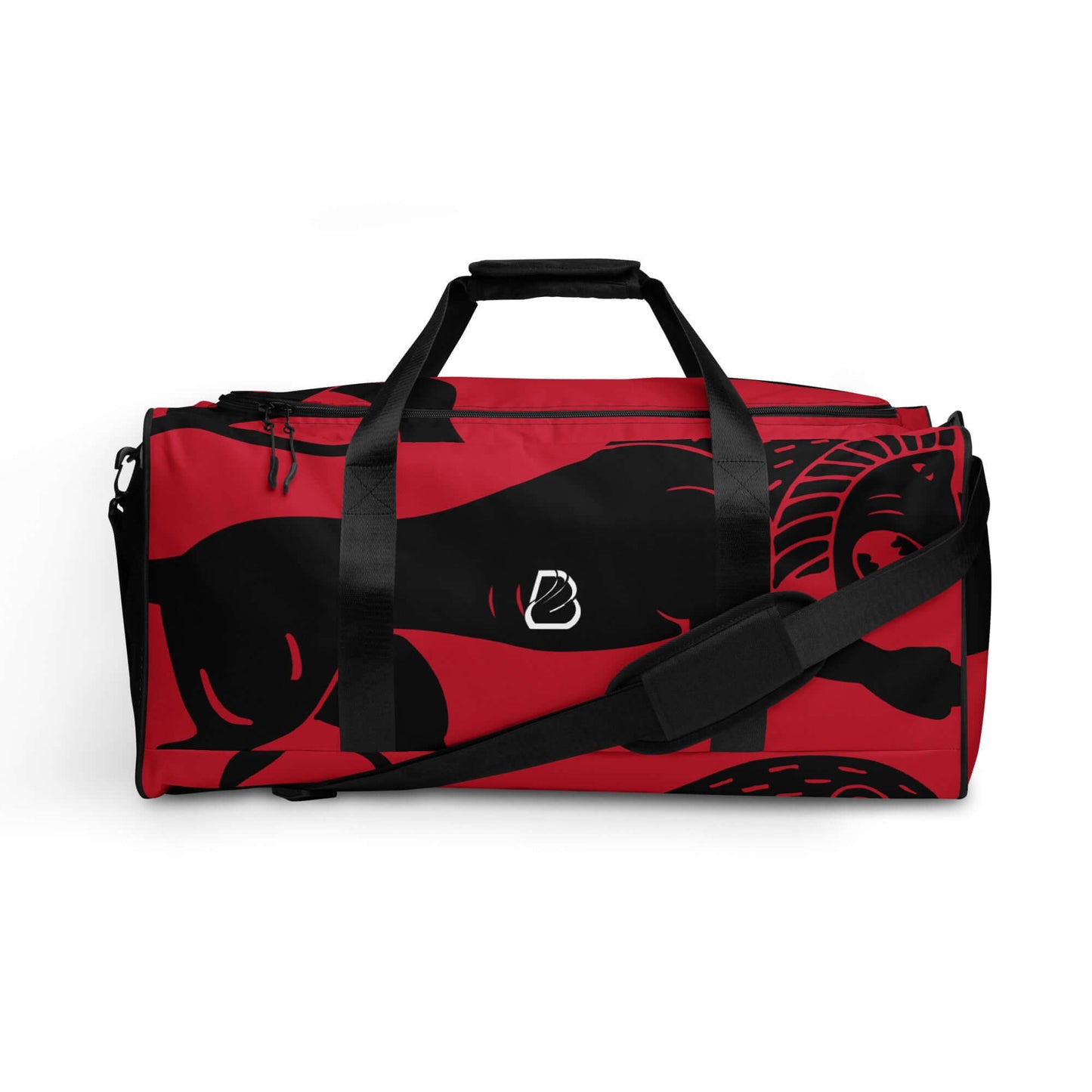Red and black Weekender N°26 bag with padded adjustable shoulder straps and zip pocket, ideal for travel, fitness, and daily use.