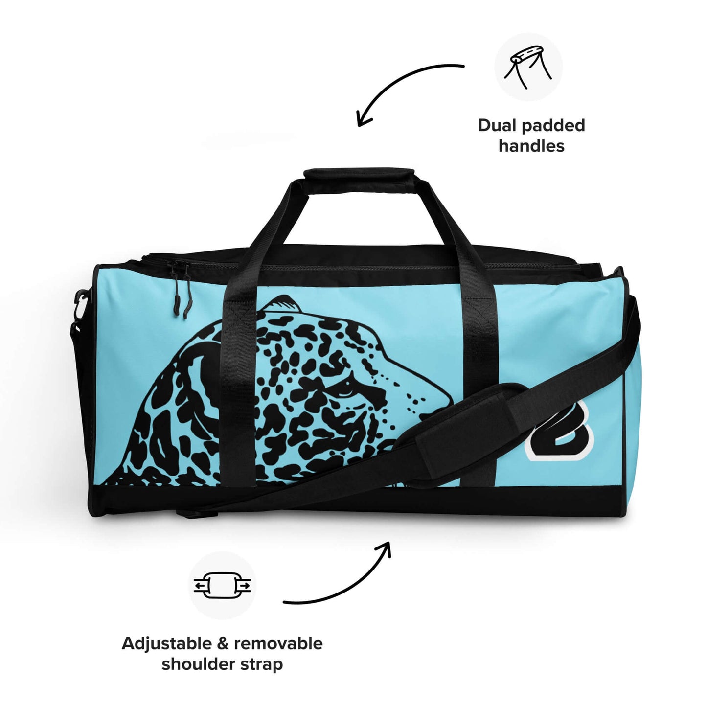 Weekender N°27 blue bag with leopard design, adjustable shoulder strap, dual padded handles, ideal for travel and gym use.