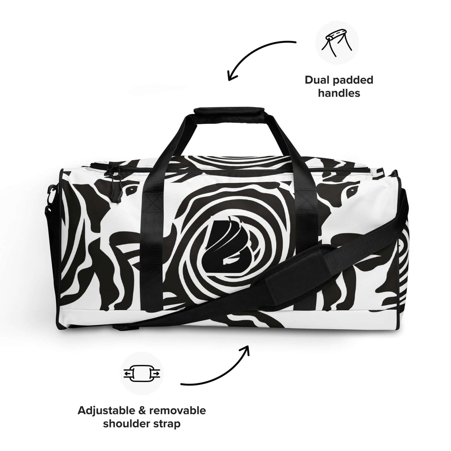 Weekender N°28 with black and white design, dual padded handles, adjustable removable shoulder strap, ideal for travel and gym.