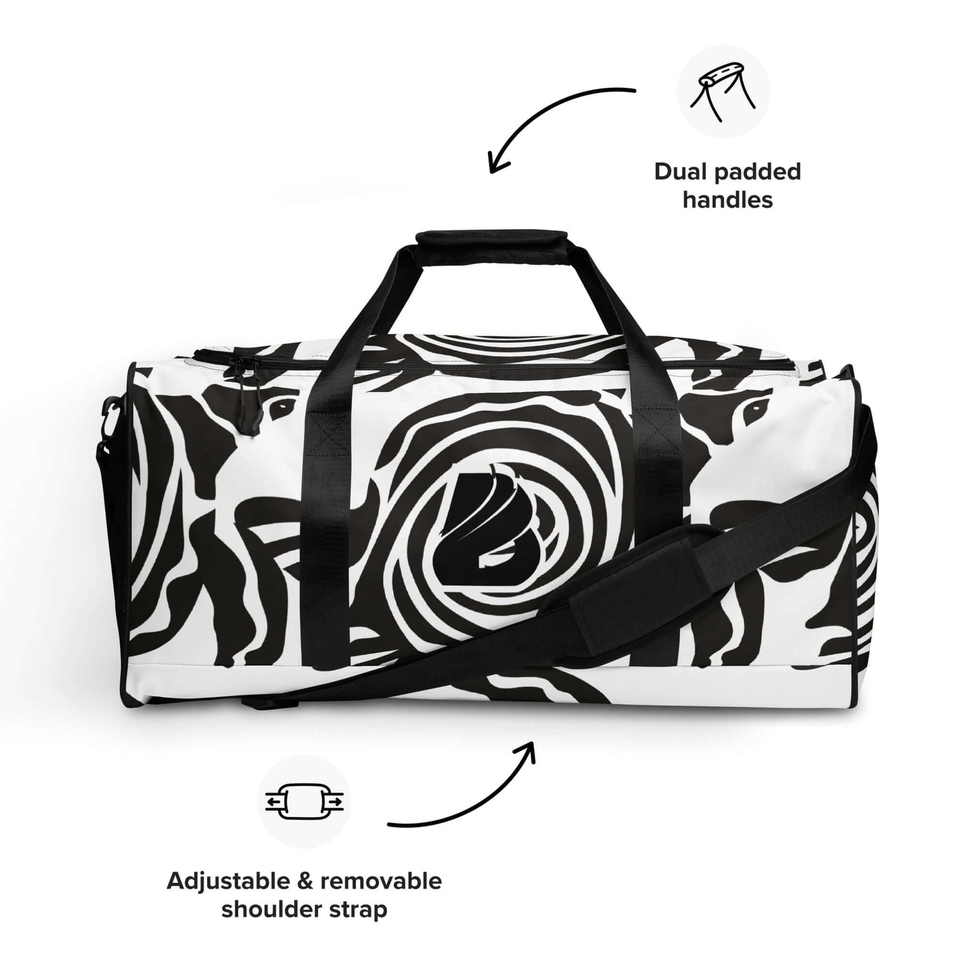 Weekender N°28 with black and white design, dual padded handles, adjustable removable shoulder strap, ideal for travel and gym.