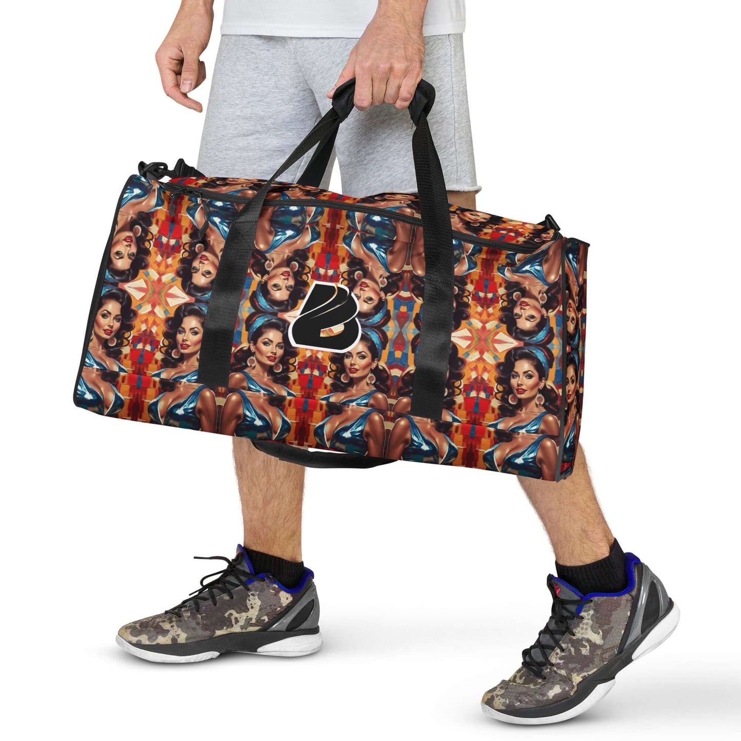 Stylish weekender bag featuring vibrant artwork, perfect for travel or gym use.