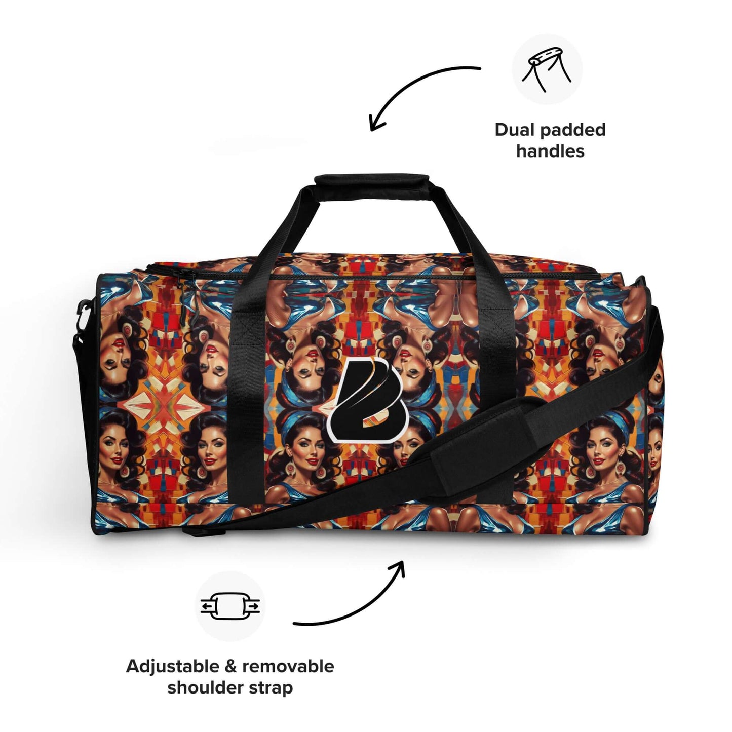 Stylish weekender bag with dual padded handles and adjustable removable shoulder strap, perfect for travel or gym.