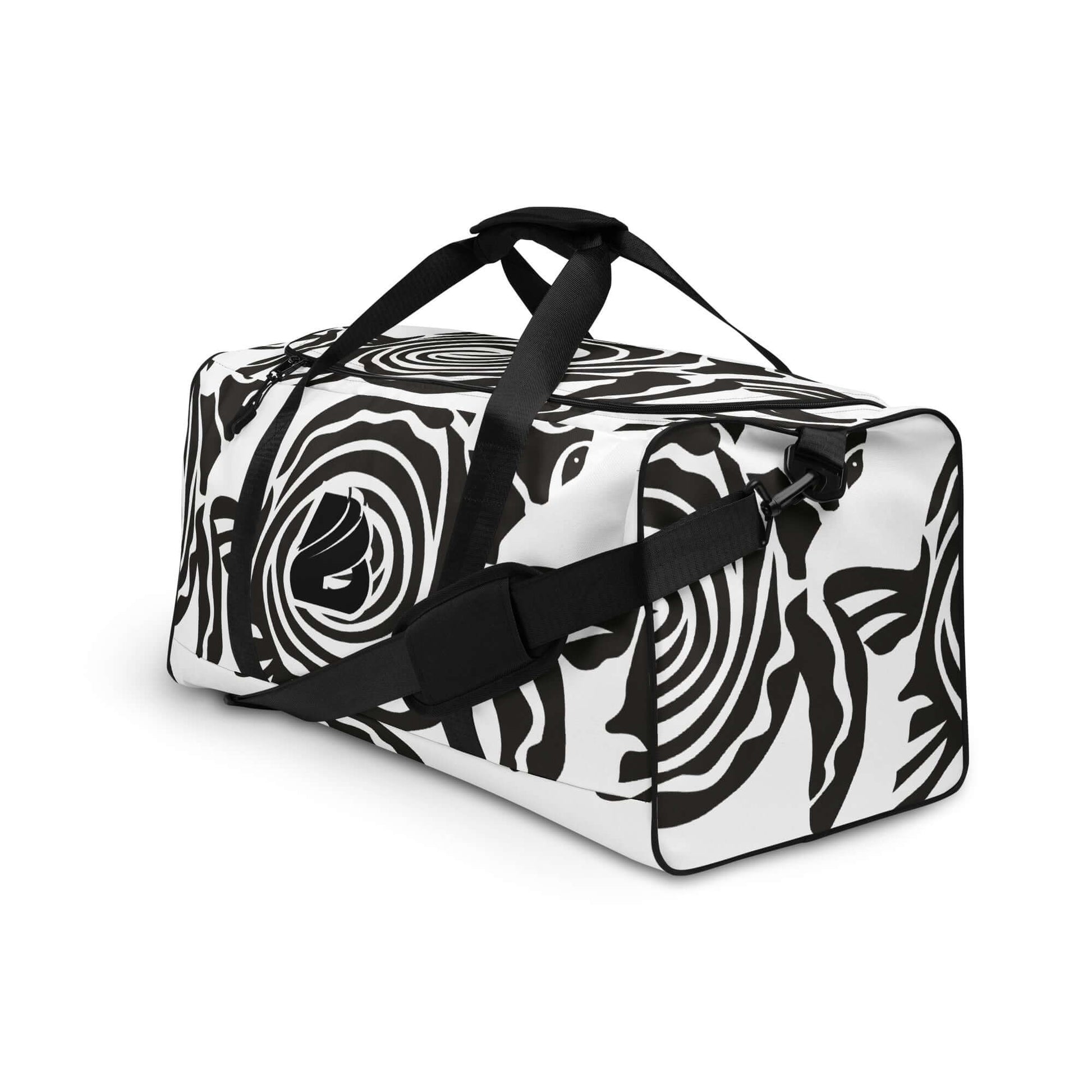 Weekender N°28 with adjustable padded shoulder straps and stylish black and white pattern, perfect for travel, errands, or the gym.