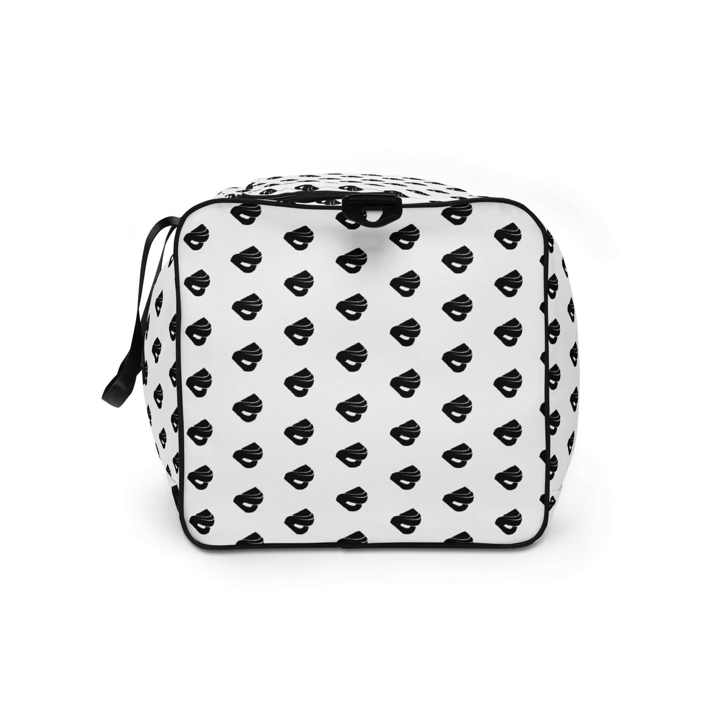 Weekender N°30 with black lips print, perfect for travel or gym, featuring adjustable padded straps and multiple compartments for organization.