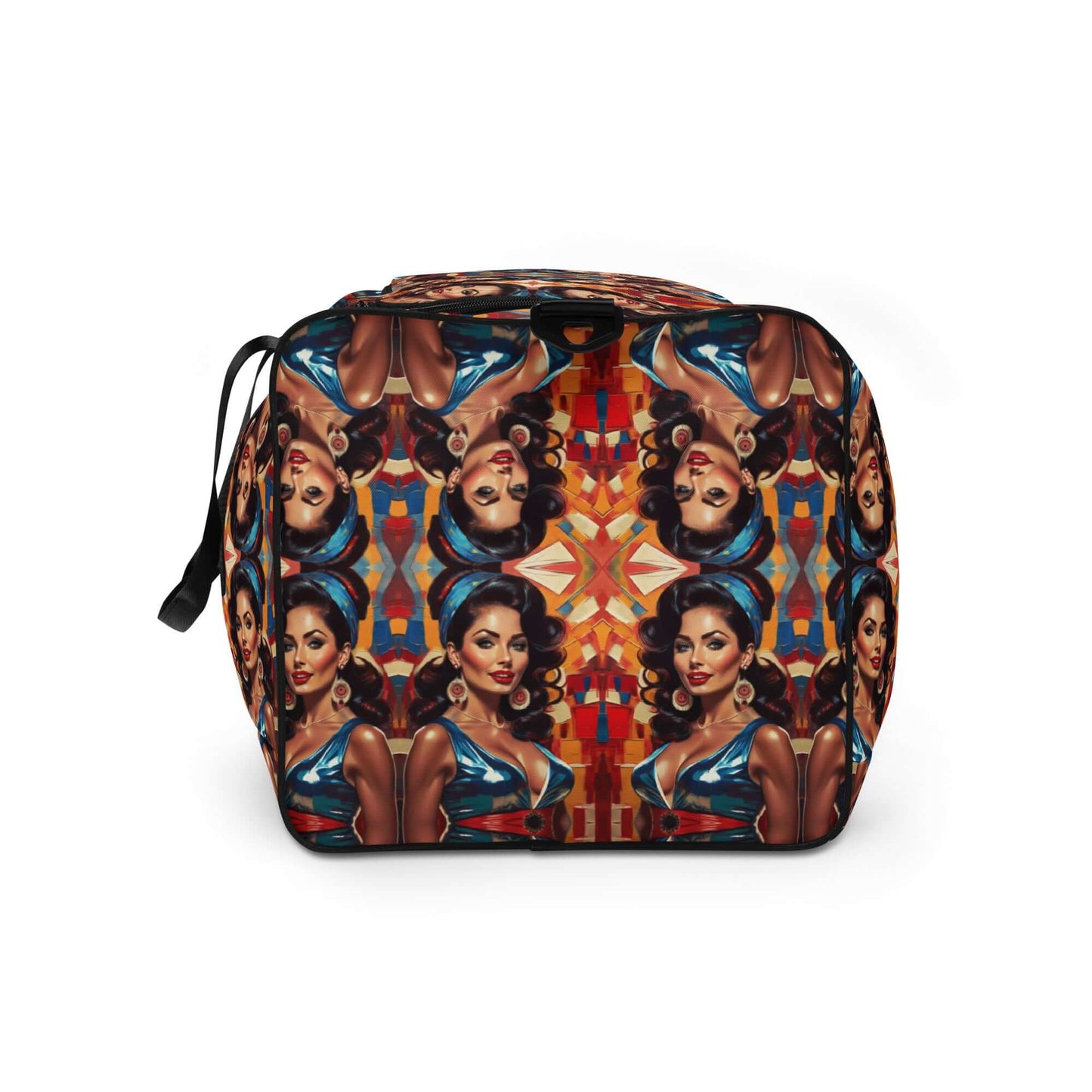 Stylish weekender bag featuring colorful artwork, perfect for travel, shopping, or gym use.