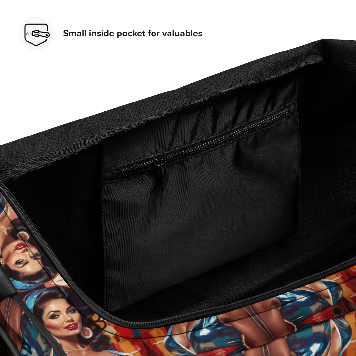 Weekender bag with small inside pocket for valuables, featuring colorful vintage design and zippered pocket for organization.