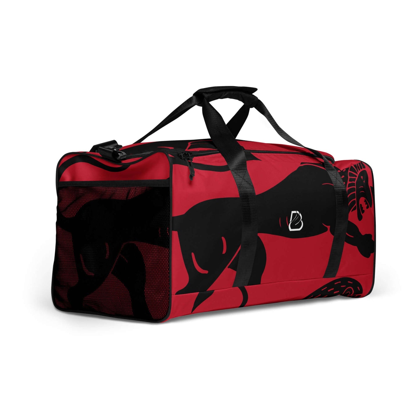 Weekender N°26 in red and black design, spacious travel or gym bag with adjustable shoulder straps and multiple pockets for organization.