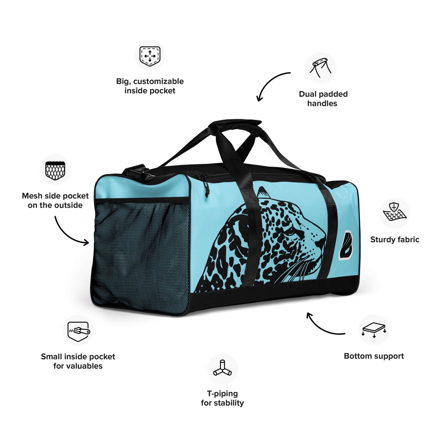 Weekender N°27 with leopard design, padded handles, customizable pocket, sturdy fabric, and storage compartments for valuables.