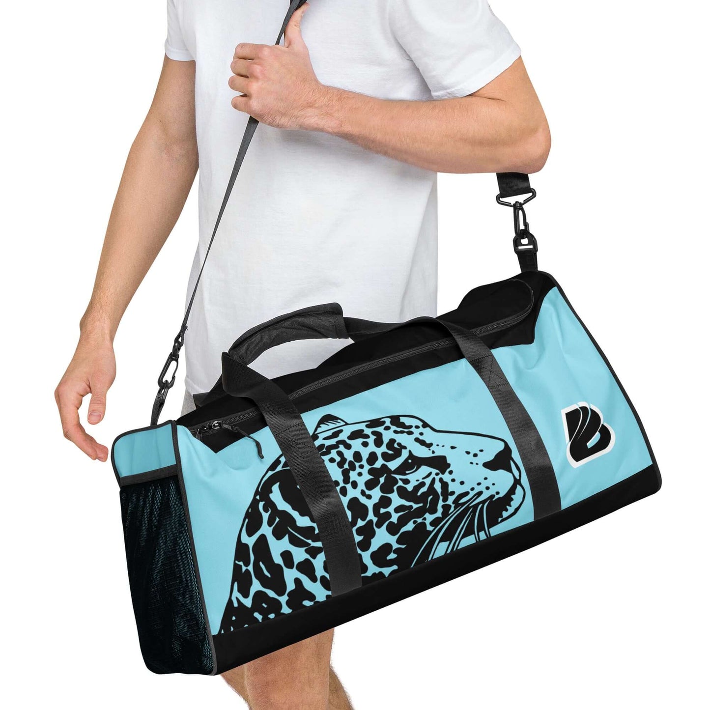 Alt Tag: Person carrying Weekender N°27 bag with jaguar print design, featuring adjustable padded shoulder straps for comfort.