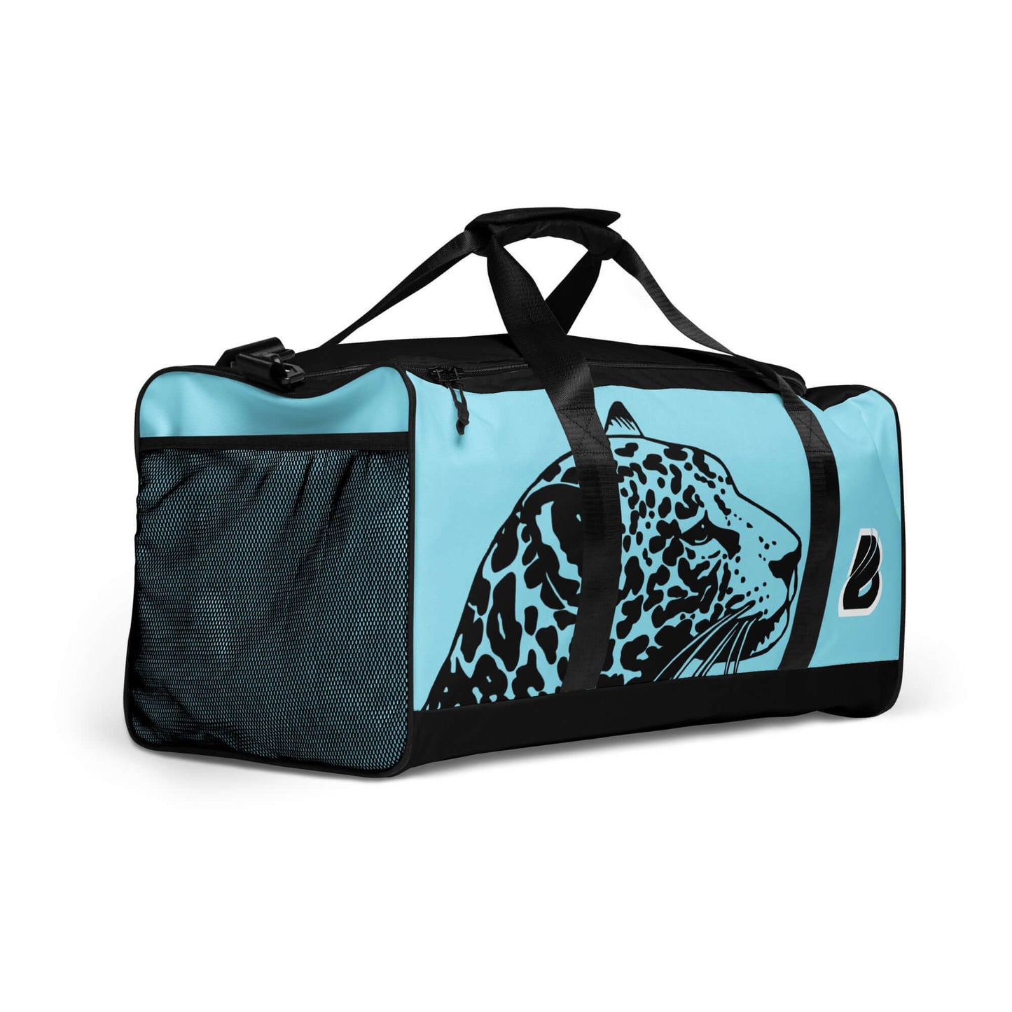 Blue Weekender N°27 travel bag with jaguar print, featuring adjustable straps and multiple pockets for convenient storage.