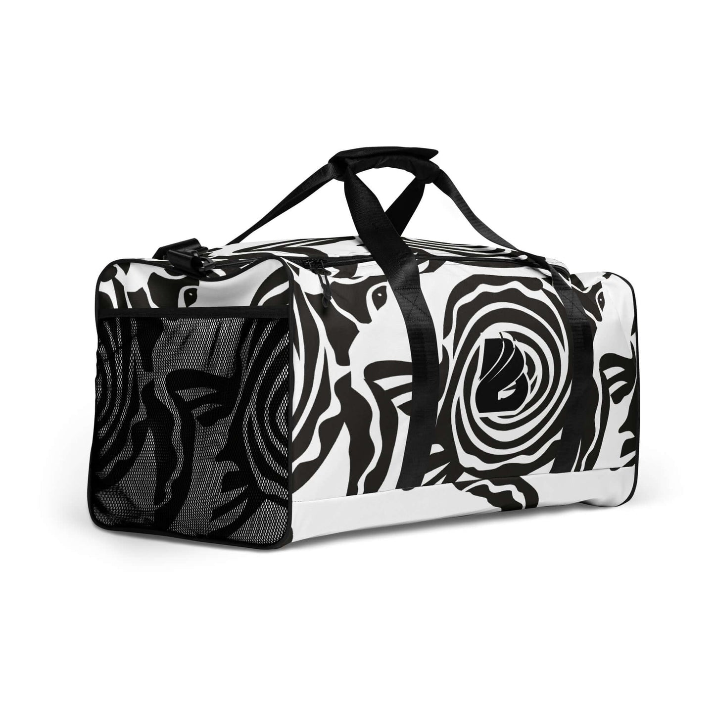 Monochrome Weekender N°28 with abstract pattern design, featuring adjustable padded shoulder straps and multiple pockets.