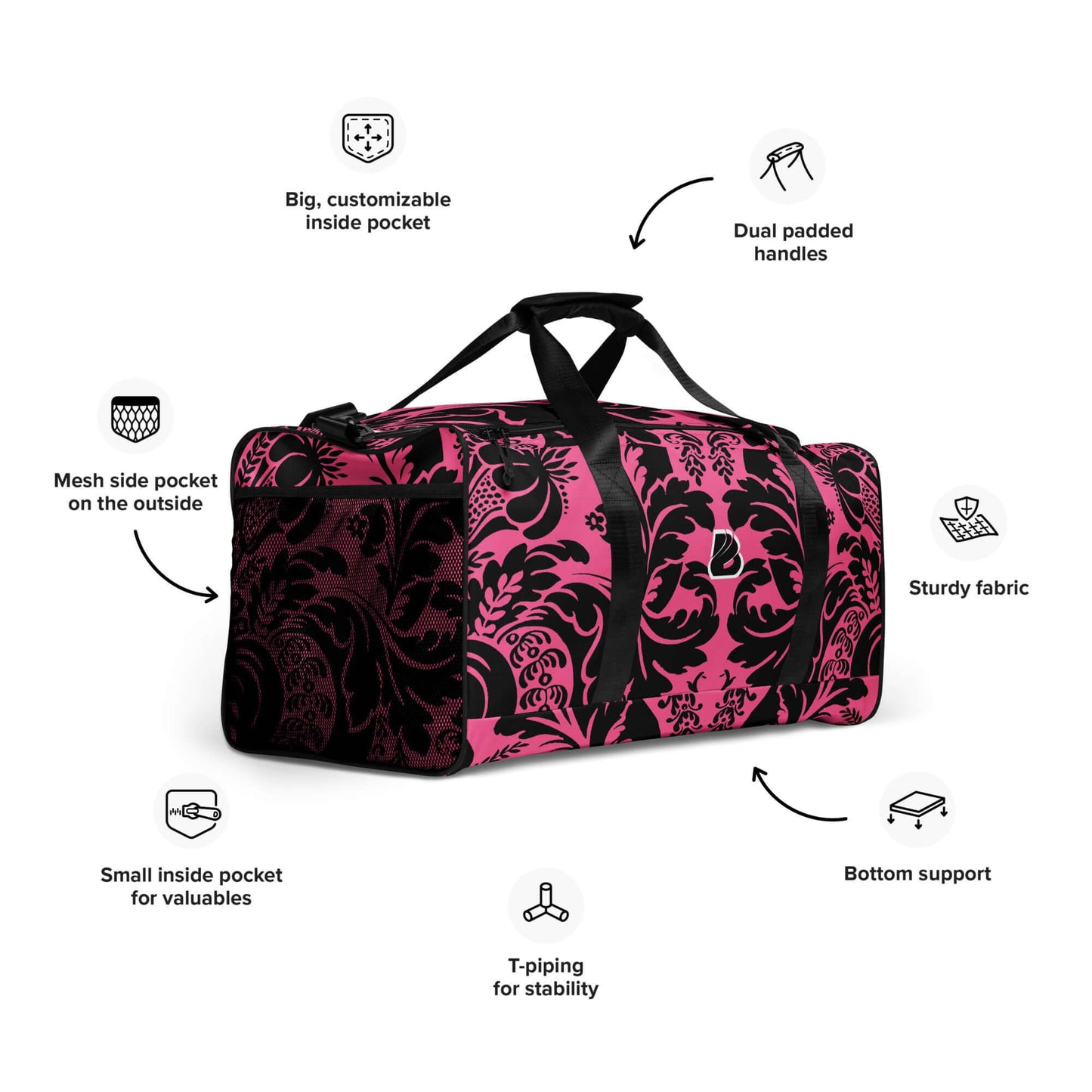 Weekender N°29 bag with floral pattern, customizable pocket, dual padded handles, T-piping, sturdy fabric, and bottom support.