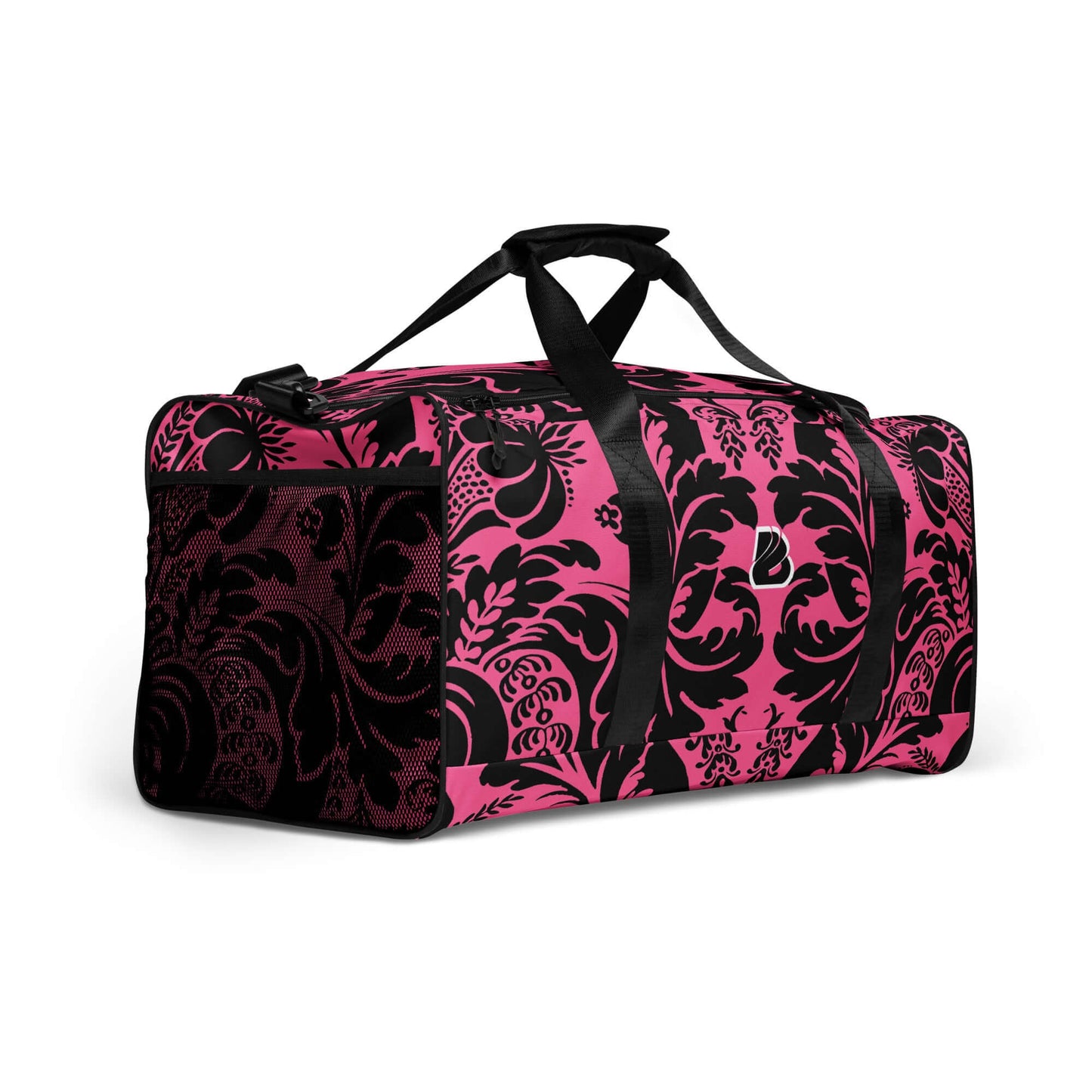 Weekender N°29 in pink and black pattern with multiple pockets and adjustable padded shoulder straps, ideal for travel and daily use.