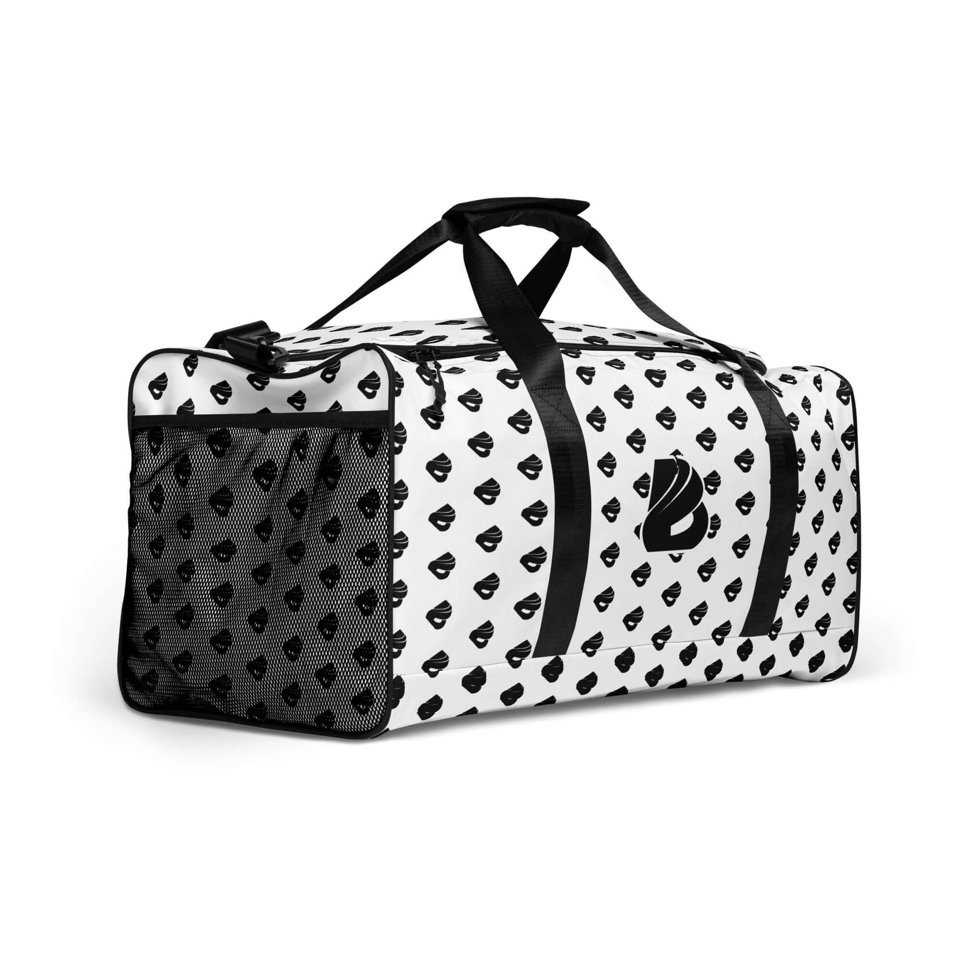 Weekender N°30 with black and white design, ideal for travel and gym, featuring padded adjustable shoulder straps and spacious storage.