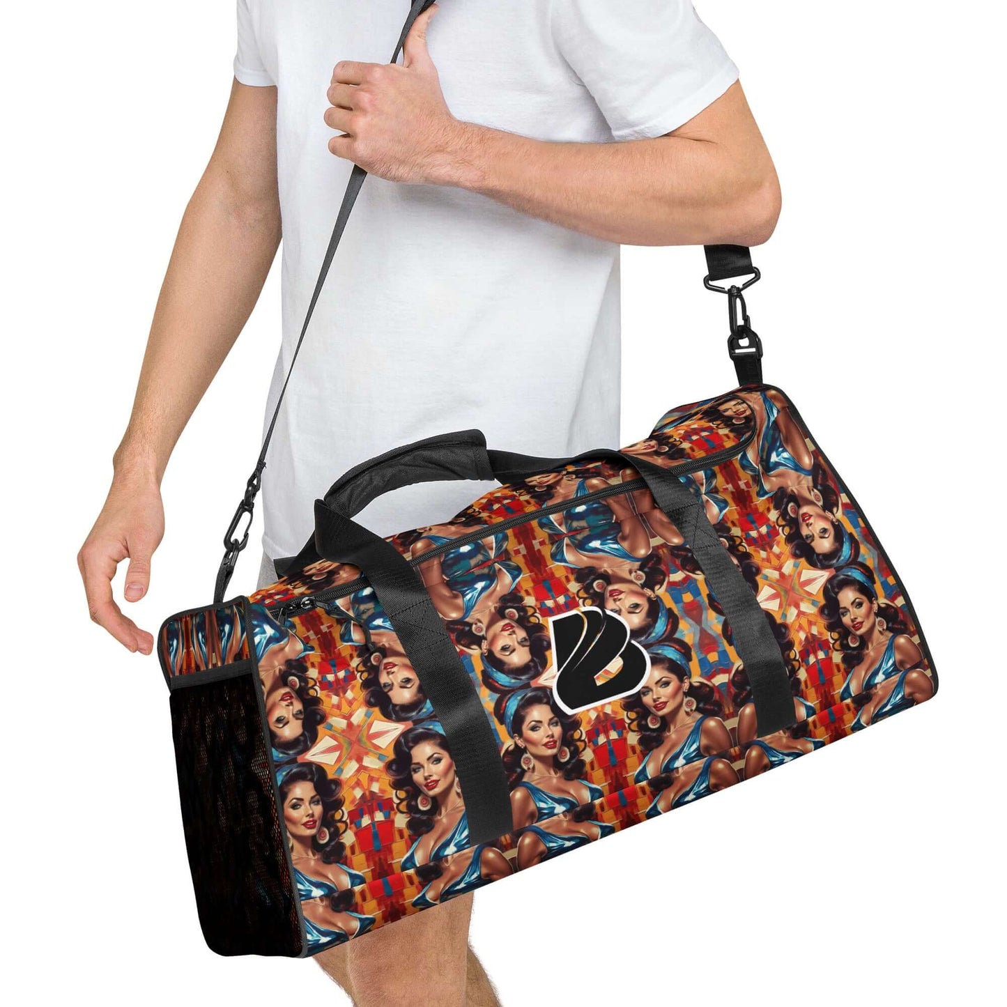 Stylish weekender bag with vibrant pattern, perfect for travel or gym, featuring adjustable shoulder straps.
