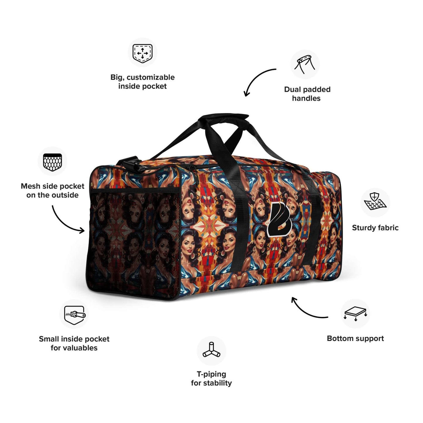 Colorful weekender bag with padded handles, multiple pockets, and durable fabric for travel and workouts.