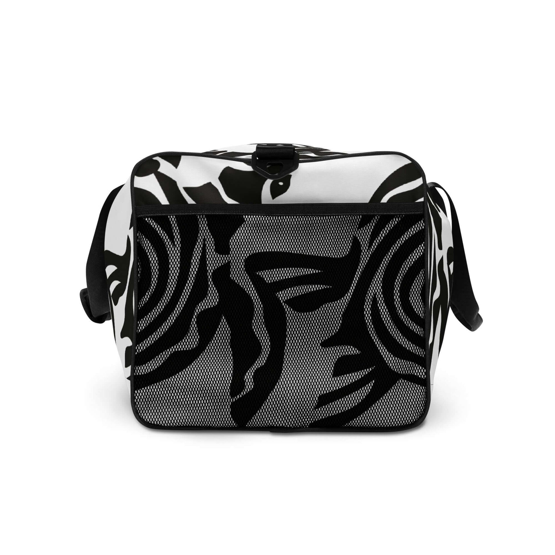 Front view of Weekender N°28 bag with black and white pattern, ideal for travel, daily use, and gym, featuring multiple pockets for organization.