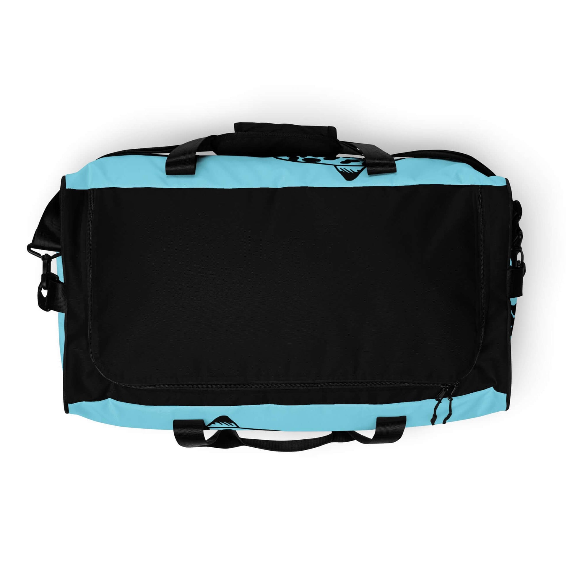 Black and teal Weekender N°27 bag with adjustable padded straps and multiple pockets, perfect for travel, errands, or gym use.