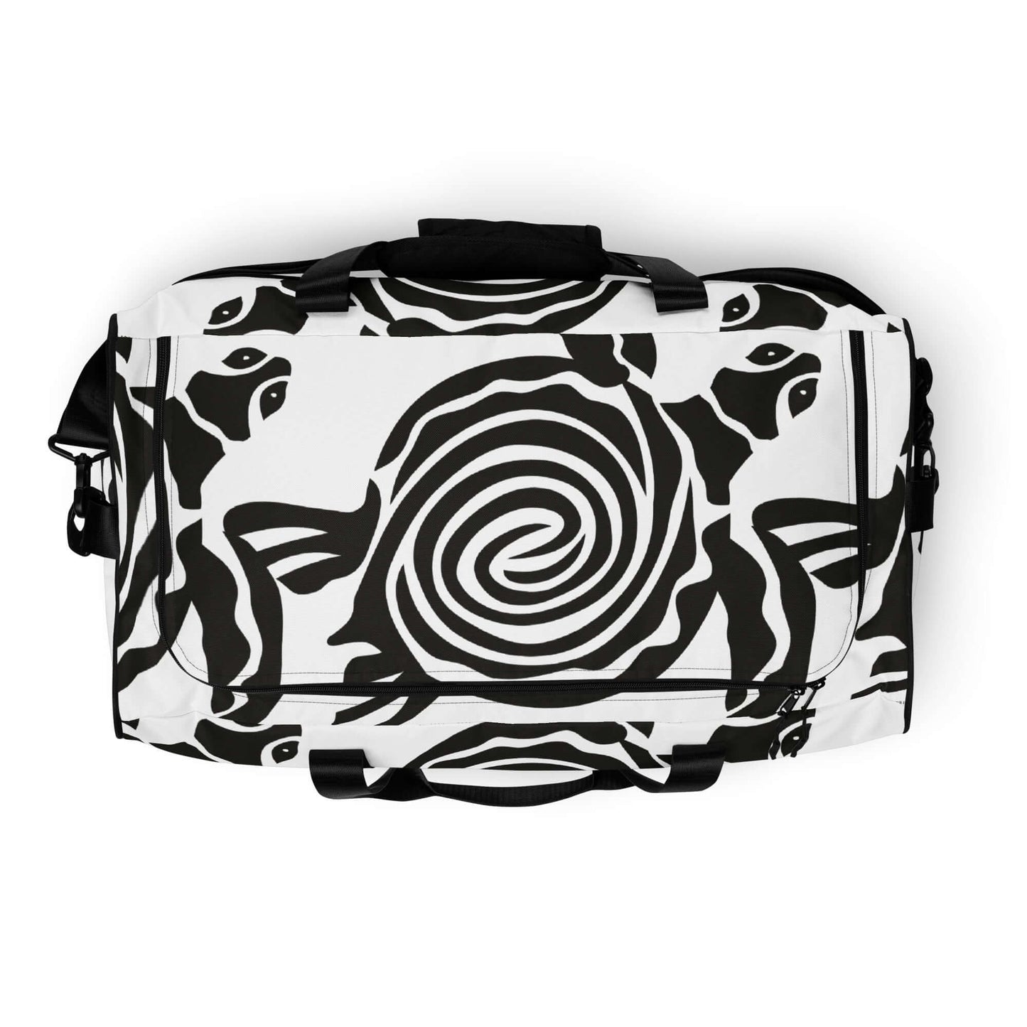 Alt Tag: Black and white patterned Weekender N°28 with adjustable padded straps and multiple pockets for travel and gym.