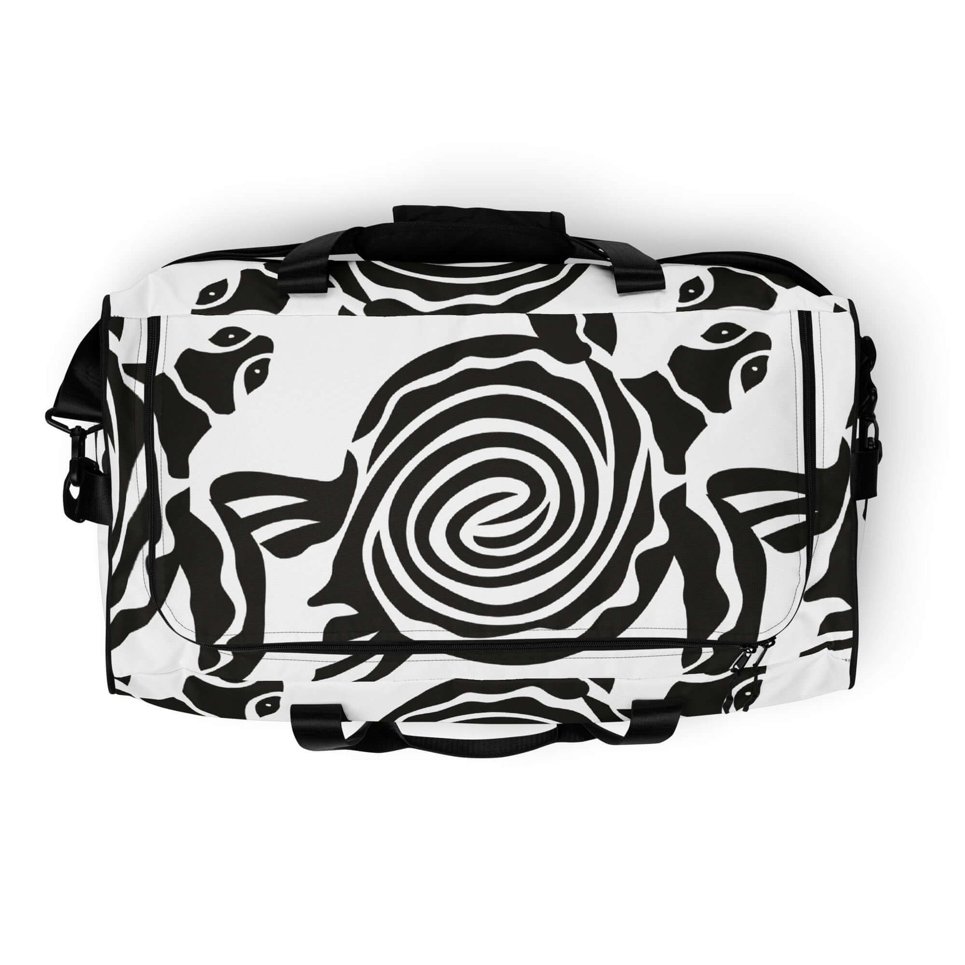 Alt Tag: Black and white patterned Weekender N°28 with adjustable padded straps and multiple pockets for travel and gym.