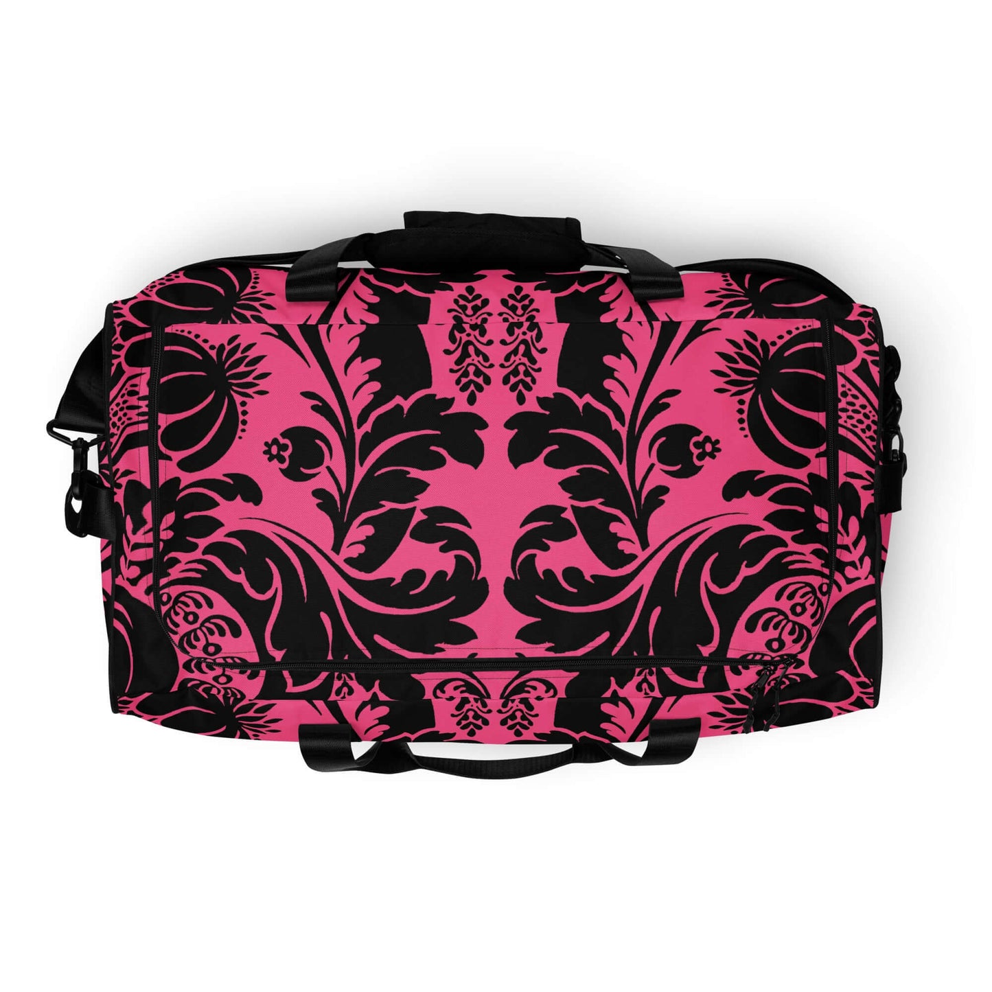 Weekender N°29 pink travel bag with black ornate pattern, ideal for gym, travel, and daily use with cushioned adjustable straps.