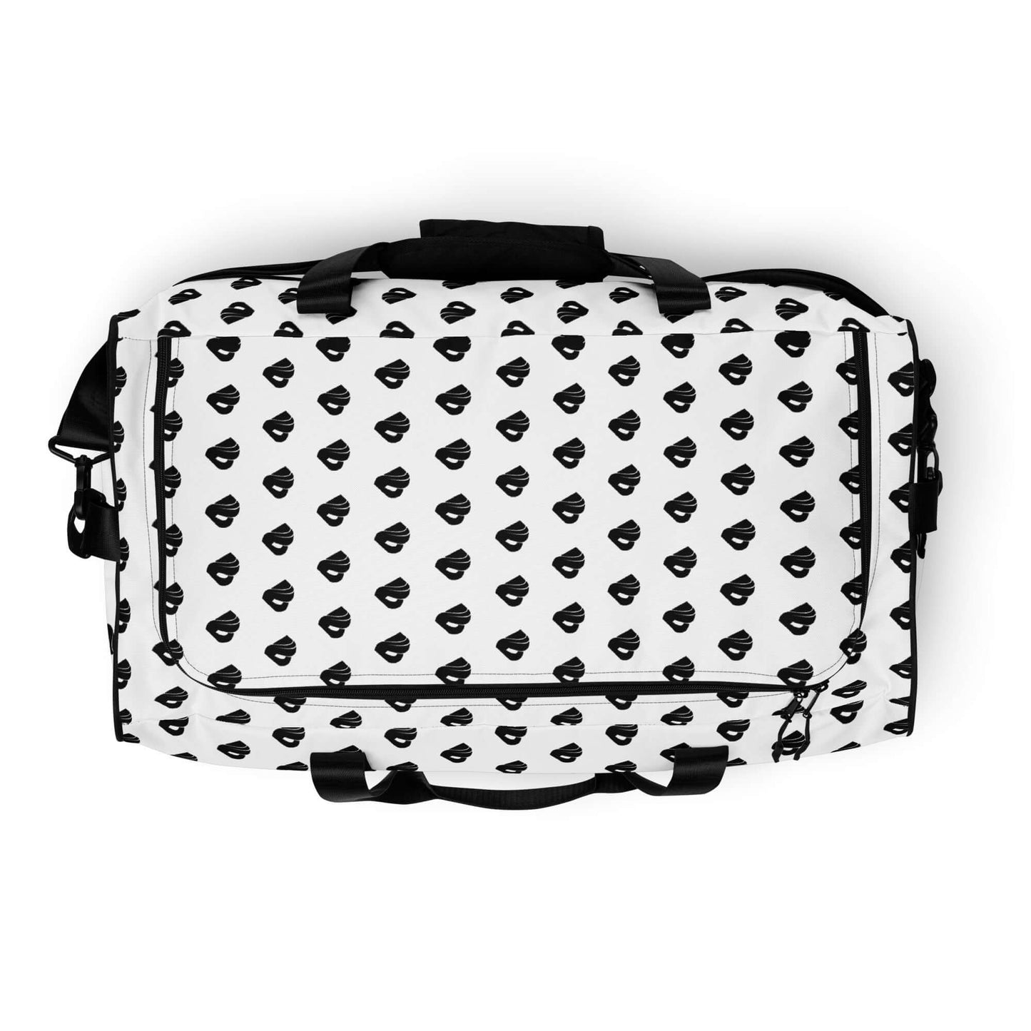 White and black patterned Weekender N°30 bag with adjustable padded shoulder straps, perfect for travel or gym use.