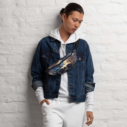 Person wearing Gürteltasche N°33 over a denim jacket, standing against a white brick wall.