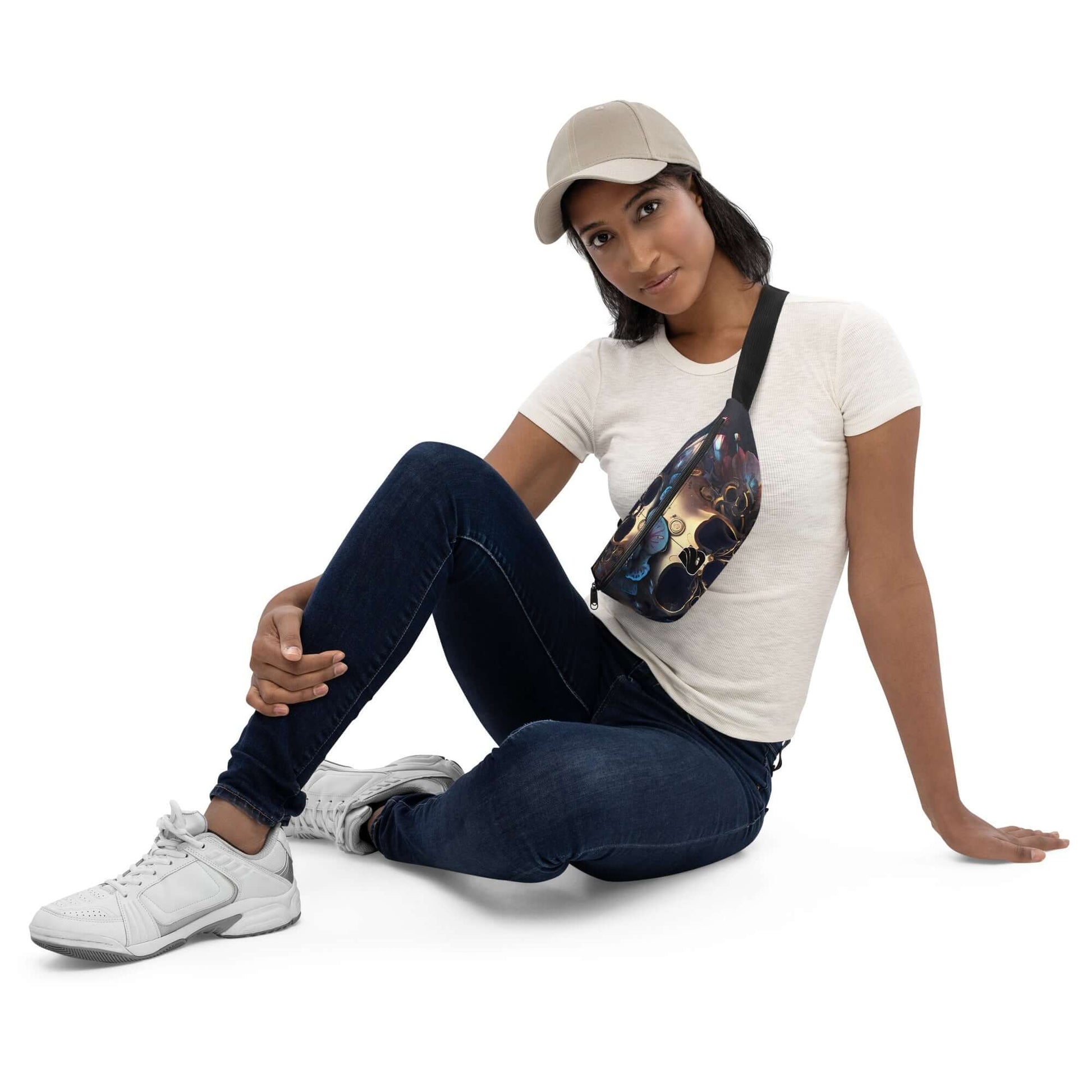 Model wearing Gürteltasche N°33 sitting, showcasing the adjustable strap and compact design for active lifestyles.