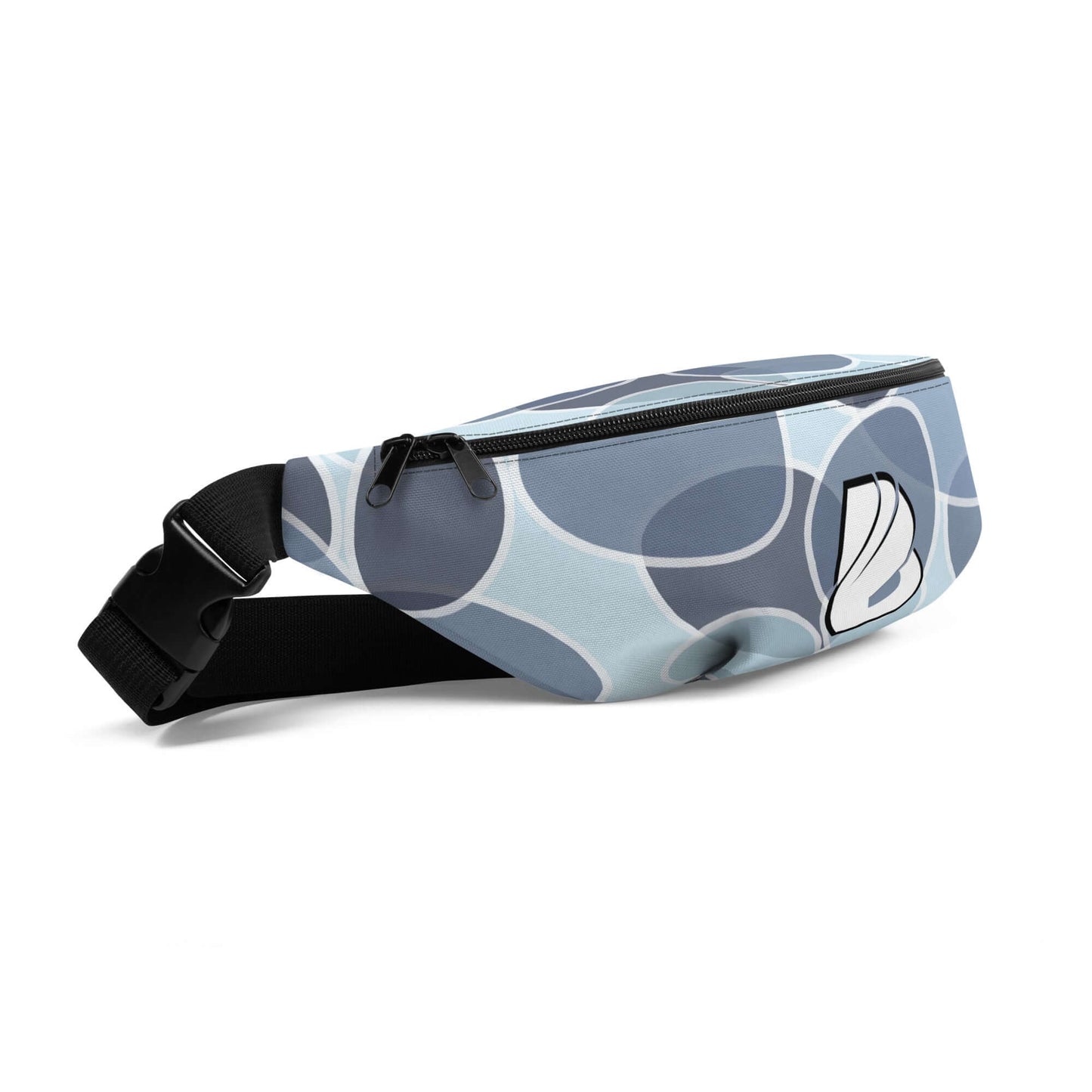 Stylish Gürteltasche N°31 with blue circular pattern, adjustable strap, and zip pocket; ideal for travel and festivals.