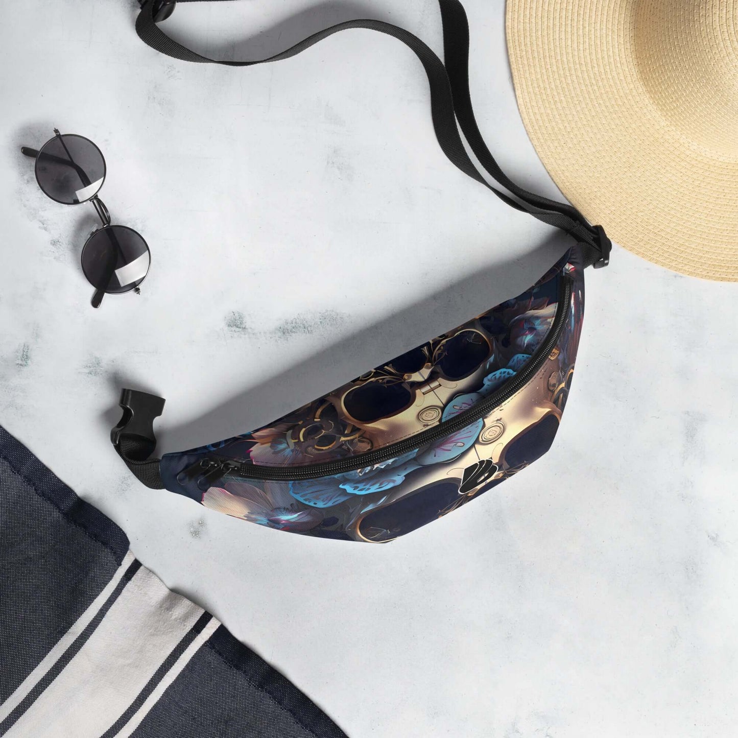 Stylish Gürteltasche N°33 with adjustable strap and unique pattern, perfect for travel and festivals, shown with summer accessories.