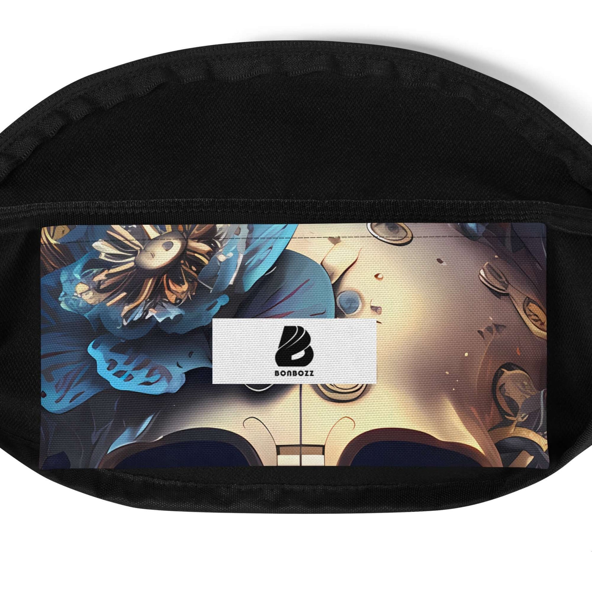 Gürteltasche N°33 with artistic design, ideal for festivals and travel, featuring an adjustable strap and inner pocket, shown open.