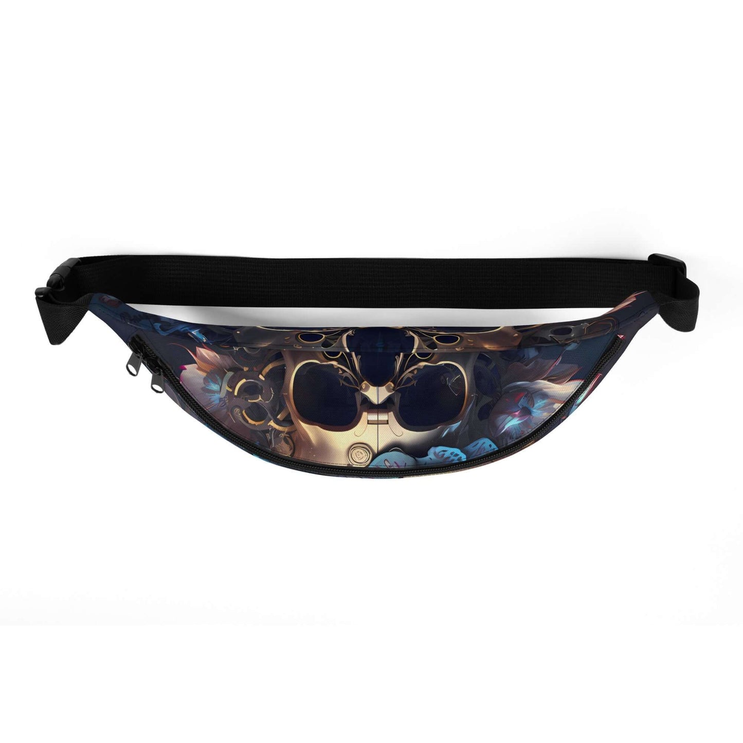 Gürteltasche N°33 with skull design, ideal for travel and festivals, featuring adjustable strap and inner pocket for convenience.