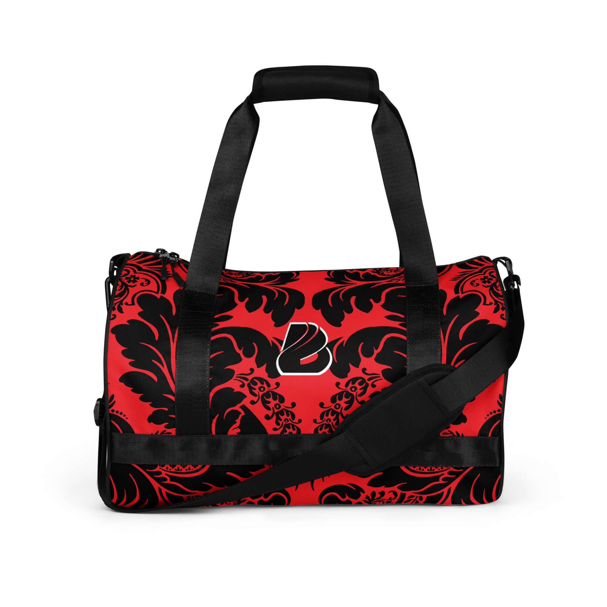 Allover-Print-Sporttasche N°5 in black and red with floral design, 100% polyester, durable and waterproof for fitness enthusiasts.