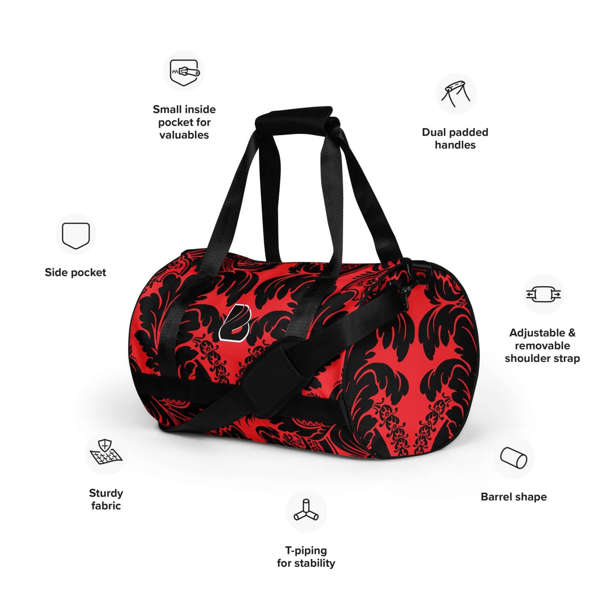 Allover-Print-Sporttasche N°5 in red with black patterns, features small inside pocket, side pocket, sturdy fabric, and adjustable shoulder strap.