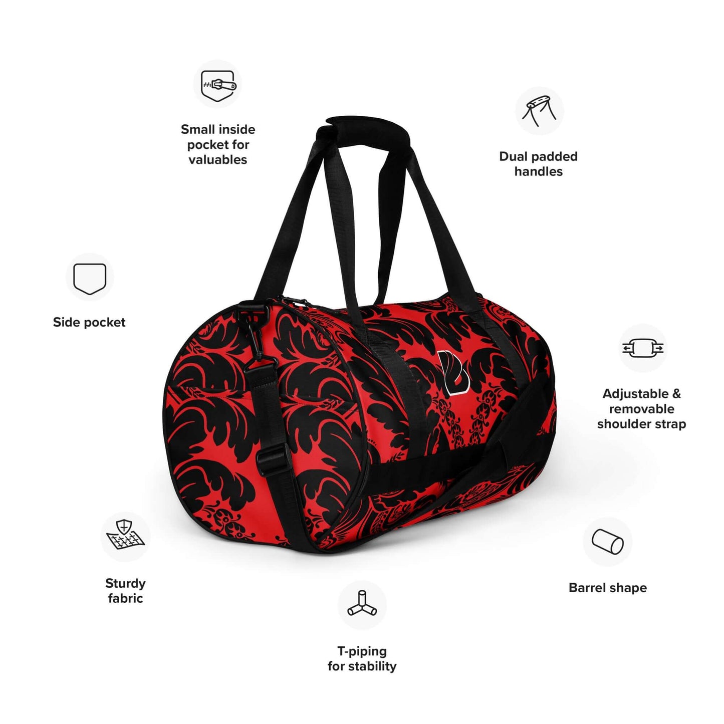 Red and black Allover-Print-Sporttasche N°5 with dual handles, side pocket, and sturdy fabric. Perfect for fitness enthusiasts.