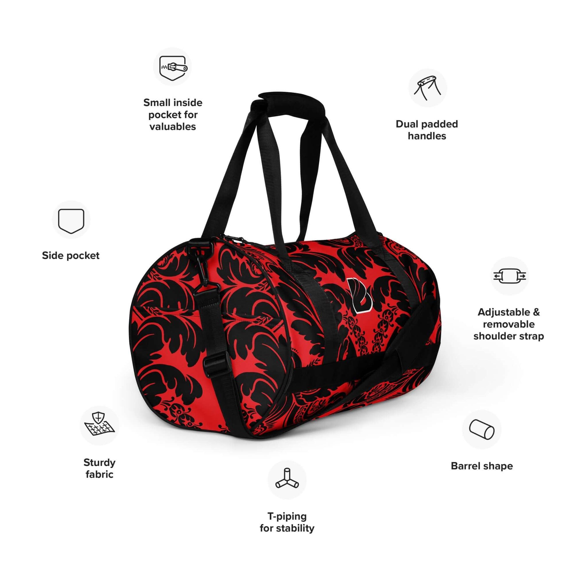 Red and black Allover-Print-Sporttasche N°5 with dual handles, side pocket, and sturdy fabric. Perfect for fitness enthusiasts.