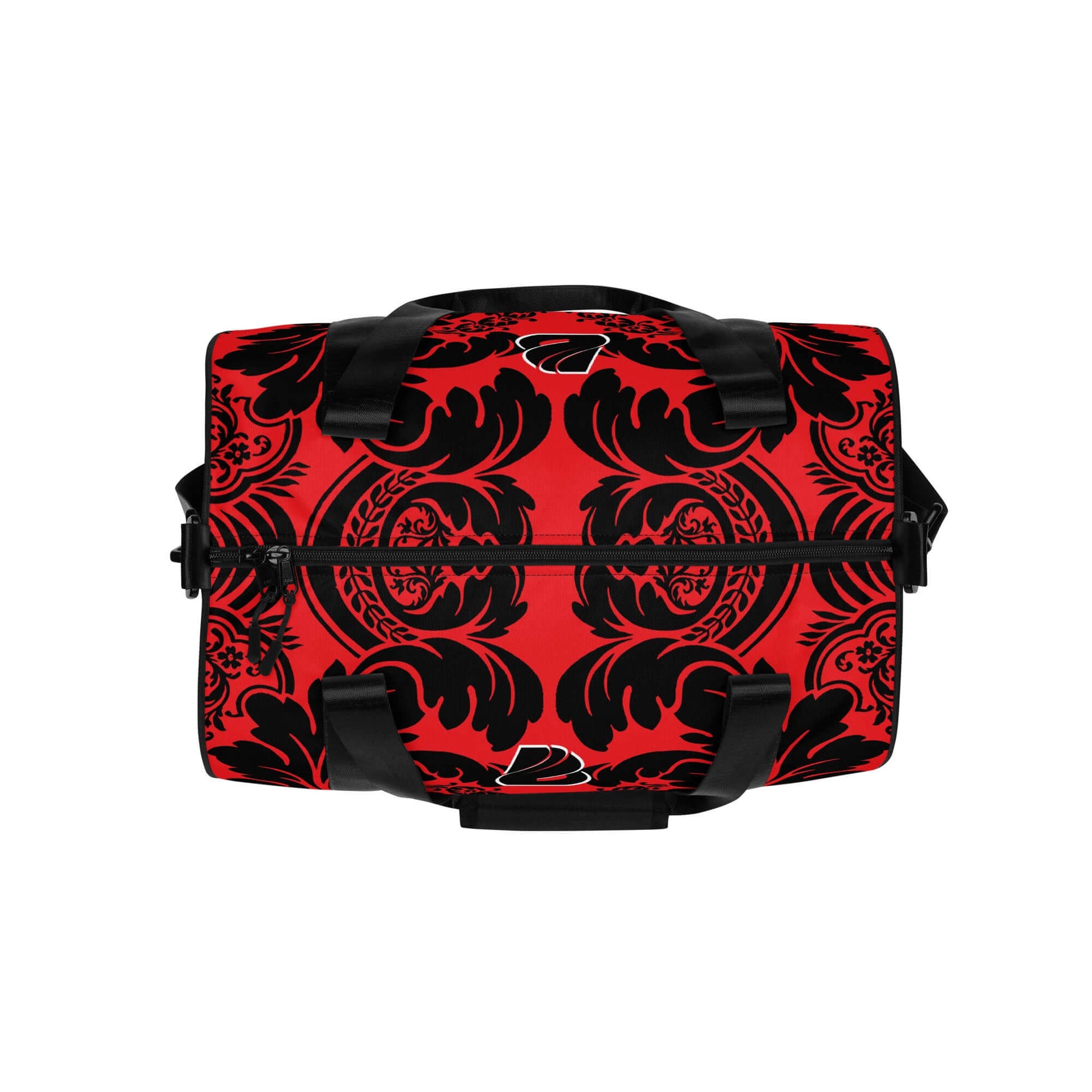 Allover-Print-Sporttasche N°5 in red and black pattern, waterproof polyester gym bag with reinforced bottom and extra pockets