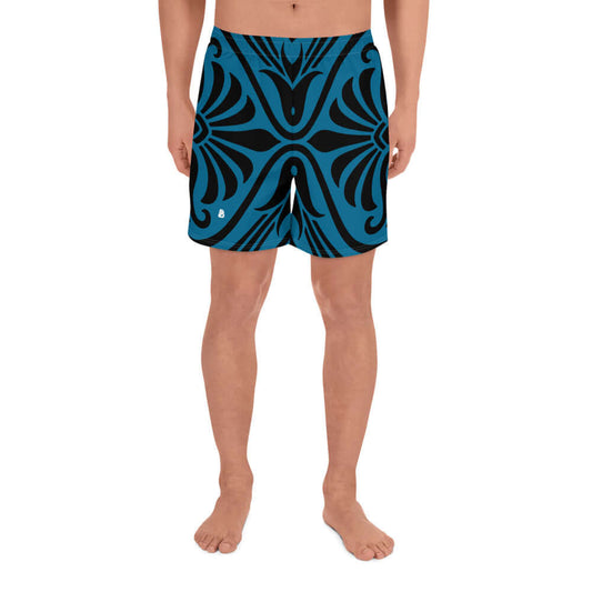 Recycelte Sport-Shorts für Herren N°2 in blauem Design, ideal für Fitnessaktivitäten wie Laufen, Schwimmen oder Gewichte heben.
