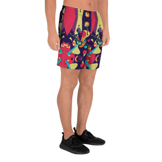 Colorful pattern Recycelte Sport-Shorts für Herren N°3 modeled, showcasing unique design for versatile fitness activities