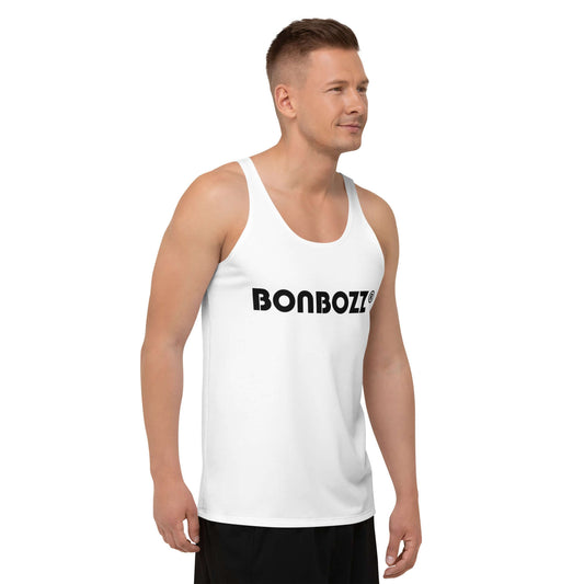 Unisex Tank-Top N°9 in white with bold print, worn by a person showcasing the comfortable fit and stylish design.