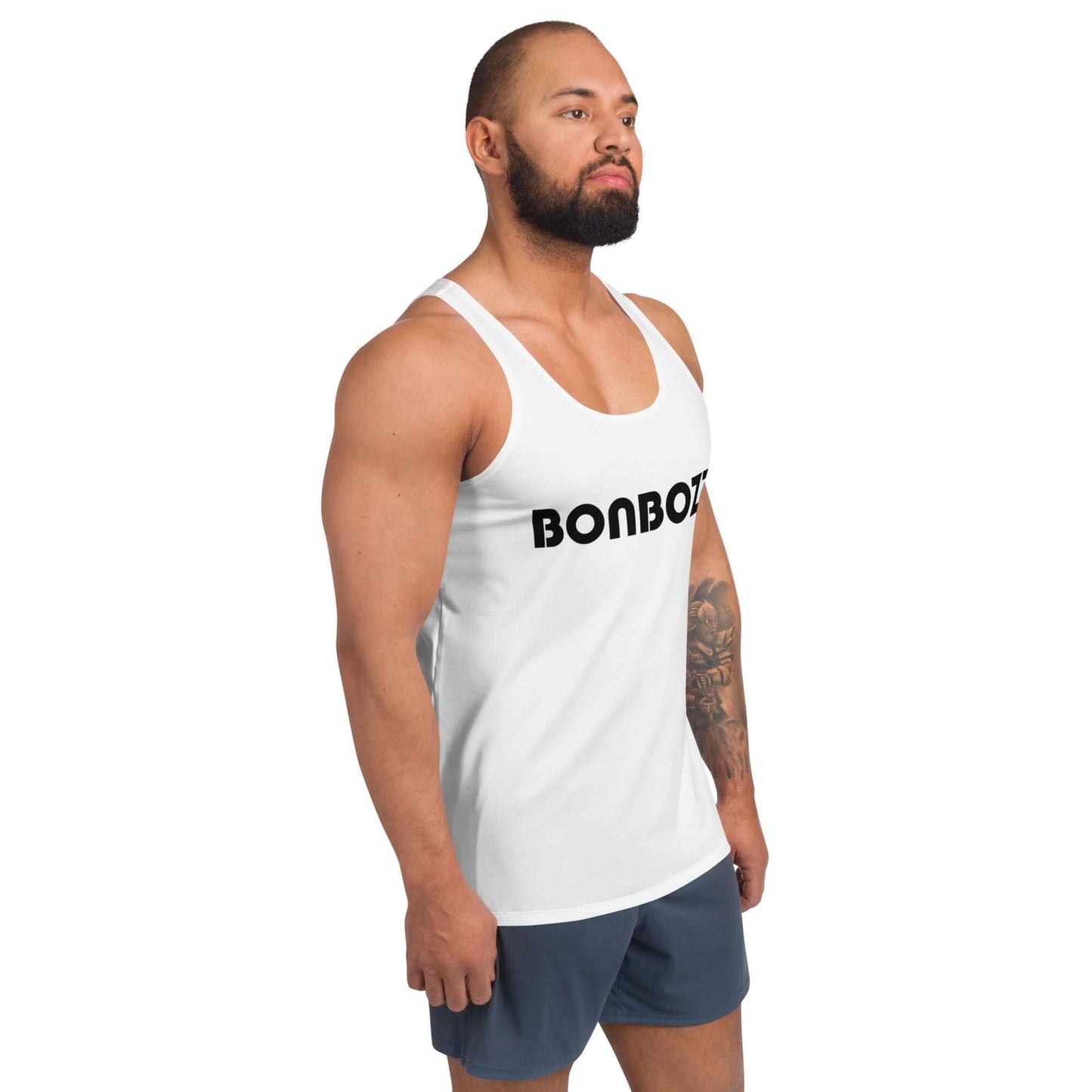 Model wearing Unisex Tank-Top N°9 in white with bold text, showing off comfortable fit and flexible fabric.